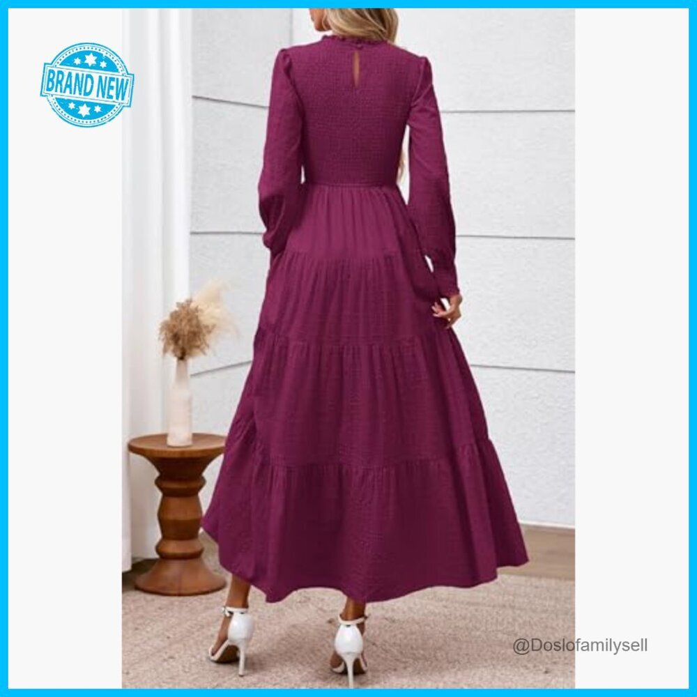 Elegant Swiss Dot Maxi Dress Smocked Waist Long Sleeve Formal Wedding Guest - Picture 5 of 7